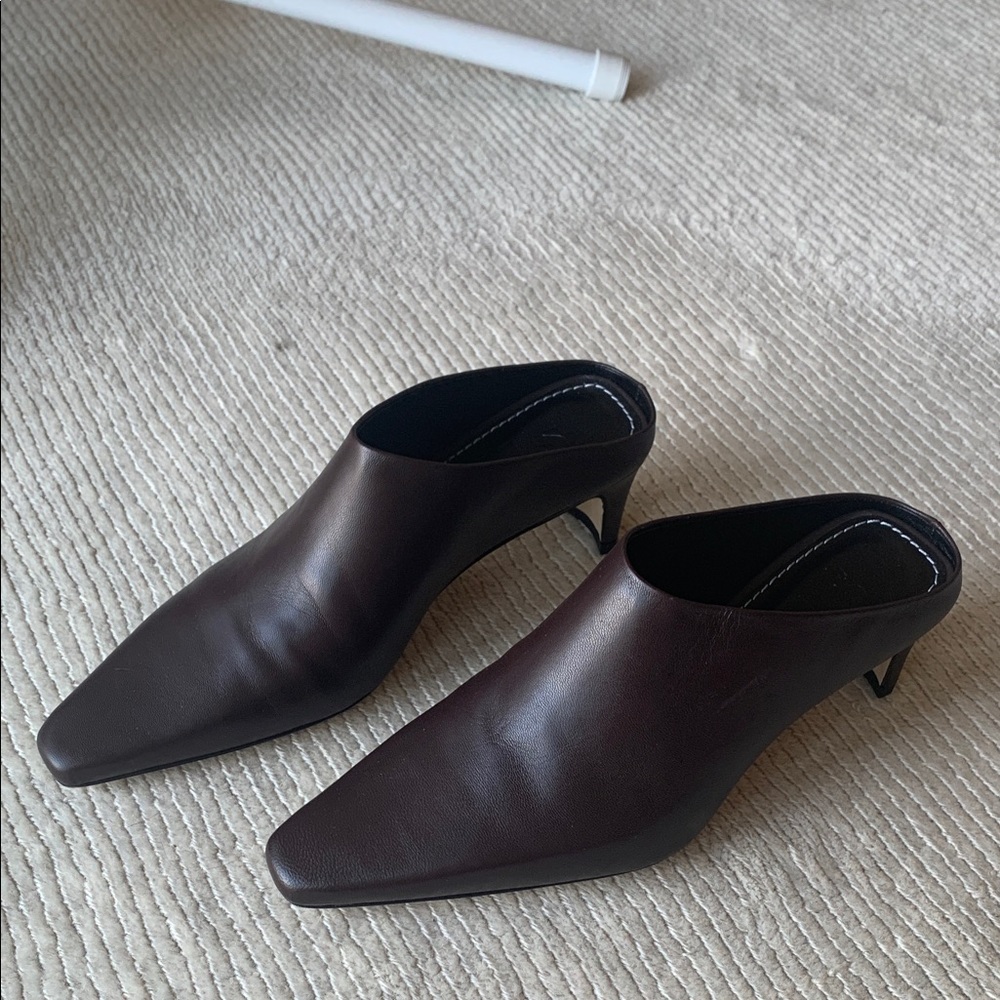 STAUD Women's Wally Mid Heel Mules in Leather color espresso
